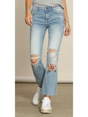 Driftwood Roxy Crop Kick Flare Floral Embroidered Jeans Boho Distressed 31